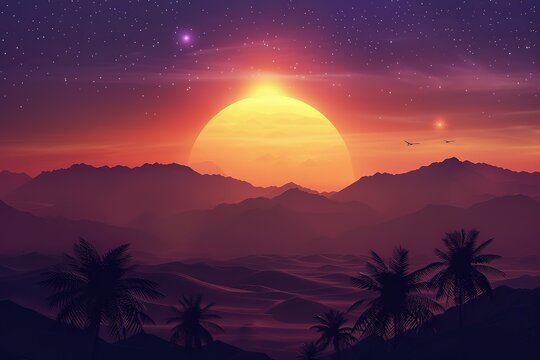 Retro Sunset: Palm silhouettes against a fiery sunset and starlit sky backdrop