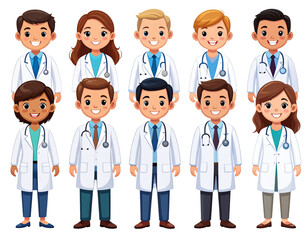 Cute Cartoon Doctor Characters with Stethoscopes and Smiles, Isolated on Transparent Background png