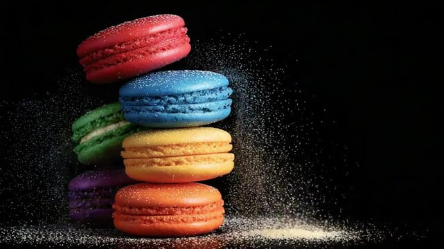 Colorful macarons stacked artistically with a sprinkle of sugar against a dark background