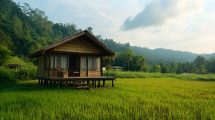 Fototapeta premium traditional wooden cabin with transparent walls and bamboo roof in peaceful rural field, wide angle view, natural lighting, calm countryside,