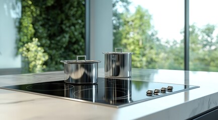 Sleek stainless steel pots on modern induction cooktop