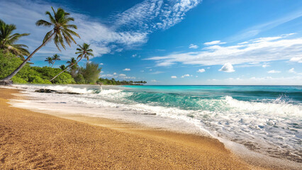 A beautiful tropical beach with golden sand, palm trees and crashing waves on a sunny summer day. The perfect backdrop for a relaxing vacation.
