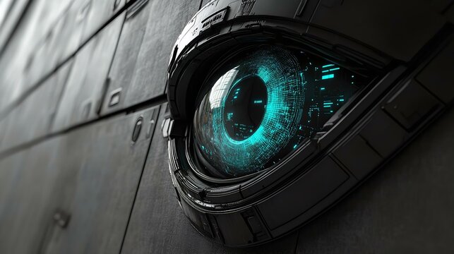 Futuristic robotic eye on a metallic surface with glowing blue patterns, representing advanced technology and innovation in digital design.
