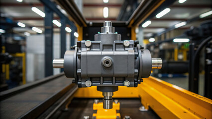 Hydraulic mechanism component in industrial factory setting with metal parts and machinery for mechanical engineering and manufacturing process