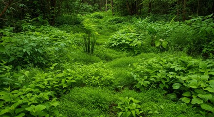 Fototapeta premium Lush Green Forest Undergrowth - Vibrant green foliage thrives on the forest floor, creating a dense carpet of plants. Sunlight filters through the canopy above