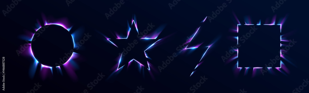 Fototapete a collection of neon light frames emits a soft blue glow. the background is deep black, enhancing th