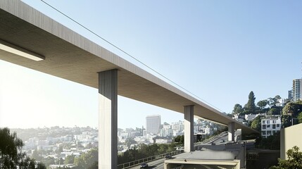 A sleek cast concrete flyover bridge, its clean lines and solid supports towering above a cityscape, blending functionality with architectural simplicity. 