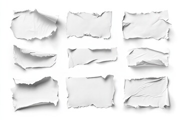Nine ripped pieces of white paper, arranged in a grid pattern, with irregular edges and creases, suggesting removal or detachment.  Each piece displays varying degrees of texture and crumpling