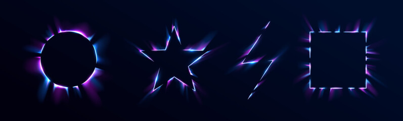 A collection of neon light frames emits a soft blue glow. The background is deep black, enhancing the contrast. Ideal for tech interfaces or speech borders.