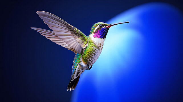 Colorful hummingbird spreads its white wings against a dark blue background with a light gradient