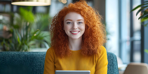 Smiling Redhead Woman with Tablet in Modern Cafe, Indoor Lifestyle