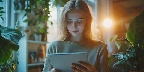 Young Woman Using Tablet in Cozy Indoor Environment, Digital Device
