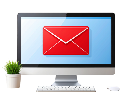 Vibrant Red Envelope Icon Displayed on Computer Screen in Modern Workspace, Isolated on Transparent Background png