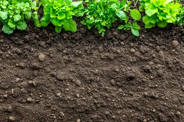 Top view of fresh herbs growing in garden soil.