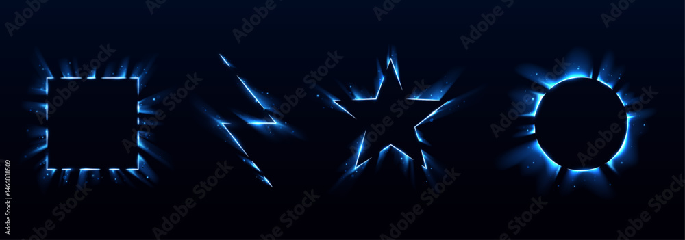 Poster electric frames surround geometric voids with glowing energy. shapes pulse like a sci-fi heartbeat. 
