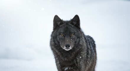 Majestic Black Wolf Portrait in Winter - A powerful black wolf stares intensely, symbolizing wildness, strength, resilience, mystery, and winter's beauty