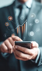 Business professional using smartphone to analyze financial data trends