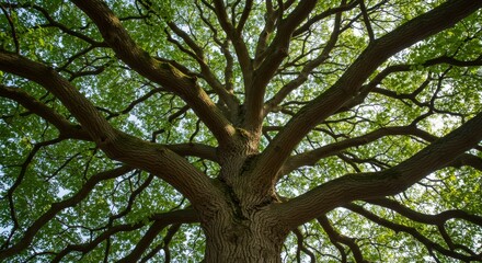 Majestic Oak Tree Canopy - A low angle view of a large oak tree's branches and leaves, showcasing its size and strength. Sunlight filters through the leaves