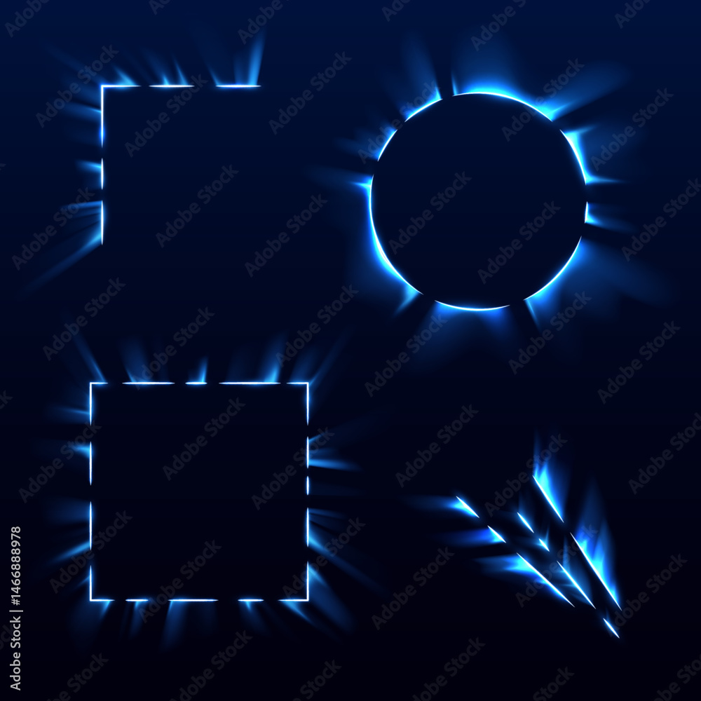 Poster Neon flashes in circular and square patterns shine vividly. Energy beams highlight each border. Use in futuristic interfaces or virtual control panels.