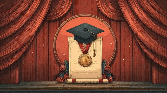 Graduation Badge with Cap and Medal, Symbolizing Academic Achievement and Honor, Ideal for Educational Milestones and Award Celebrations