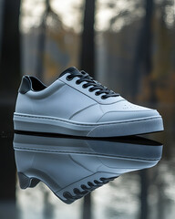 Stylish White Sneakers Reflected on the Surface, Fashion Footwear