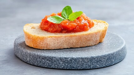  bush tomato chutney with artisan bread, minimalistic setup on stone plate, Australian gourmet elegance