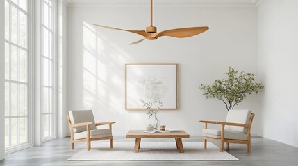 Modern, minimalist living room featuring light-wood furniture and a ceiling fan.  Spacious room with large windows and a neutral color palette