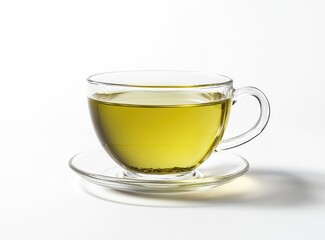 A glass cup of light-yellow tea on a saucer