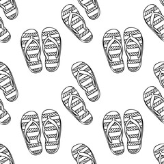 Seamless pattern with hand-drawn black line art slippers on white background. Minimalist cozy footwear illustration for kids fabric, wrapping paper, nursery decor, coloring books, and surface design.