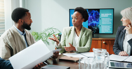 People, manager and explain in presentation at office for planning, neuroscience and innovation...