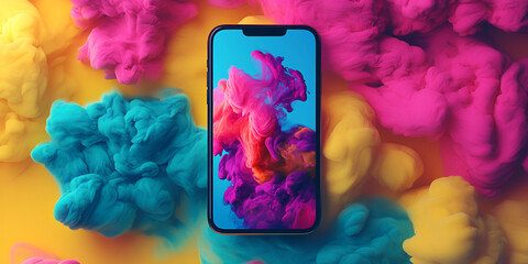Smartphone with Colorful Ink in Water, Abstract Design Concept