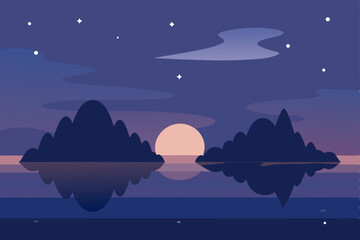 dusk over a serene lake dotted with tiny islands 