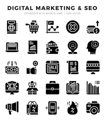 Vector Digital Marketing & SEO types icon set in Glyph style. vector illustration.