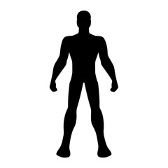 Black silhouette of a muscular humanoid figure standing in a neutral pose