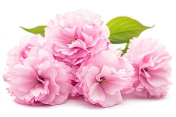 Delicate pink flowers with lush petals and vibrant green leaves against a white background