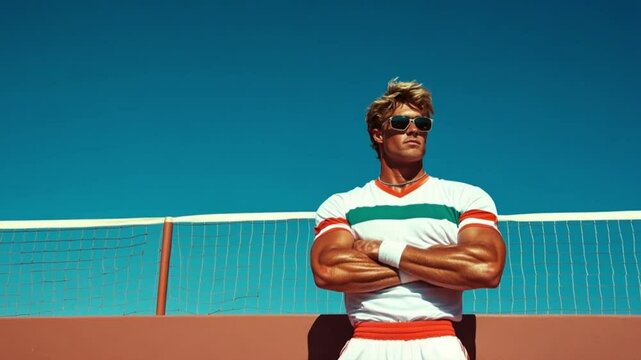 A muscular athlete stands with confidence, arms crossed, wearing stylish sunglasses and sports attire, enjoying a sunny day at a vibrant tennis court showcasing his strength and charisma