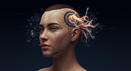 Mind: Enhanced Human Intelligence - A futuristic depiction of a woman with advanced technology integrated into her brain, symbolizing artificial intelligence and human enhancement