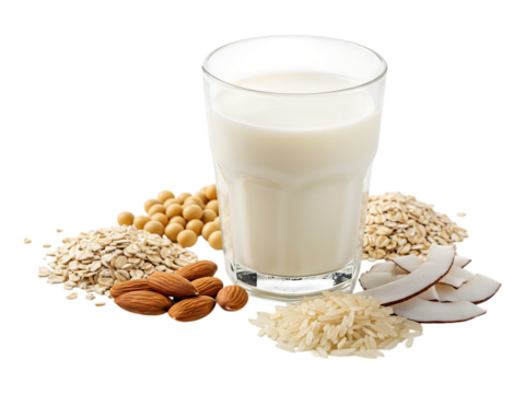 Glass of plant based milk with grains and nuts isolated on white background