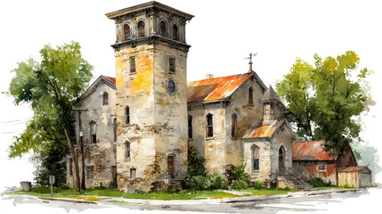 Fototapeta premium Vintage Building Serenity: An aged building with a classic clock tower stands tall, adorned with weathered textures that echo stories of a bygone era, all under an inspiring daylight.