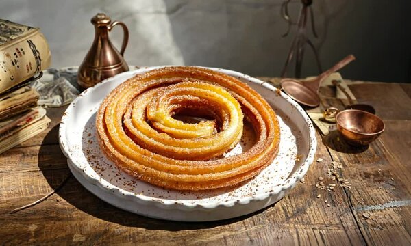 Delicious spiral pastry on plate with copper utensils and books food image