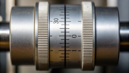Fototapeta premium Close up of metallic mechanism with precise measurement markings and hydraulic component designed for accurate control and adjustment