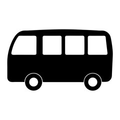 A simple black silhouette of a passenger van with four windows
