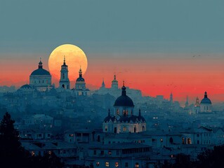 Fototapeta premium Breathtaking Kyiv skyline bathed in vibrant sunset hues silhouetted against lunar glow