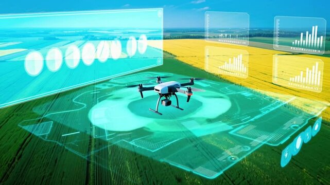 A drone mapping a digital topography of farmland with crop health indicators visible in the air,AI-Enhanced Agriculture Robotics