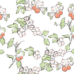 Vector seamless pattern. Spring pink flowers and bright green leaves on fragile branches isolated from white background. The pattern will bring spring mood and tenderness to any project.