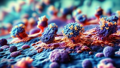 Microscopic view of cancer cells, detailed 3D medical illustration of tumor growth on tissue surface