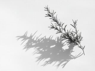 Rosemary sprig casting shadow on white surface studio shot botanical minimalist herb aromatic cooking ingredient