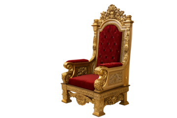 Ornate Gold Throne Chair with Red Velvet Upholstery Isolated on Black Background