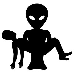Black silhouette illustration of an alien carrying a human figure abduction