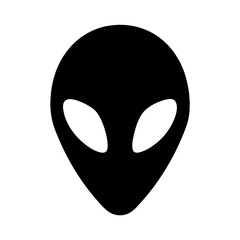 Monochrome Alien Head Silhouette with Large Eyes, Isolated on White Background